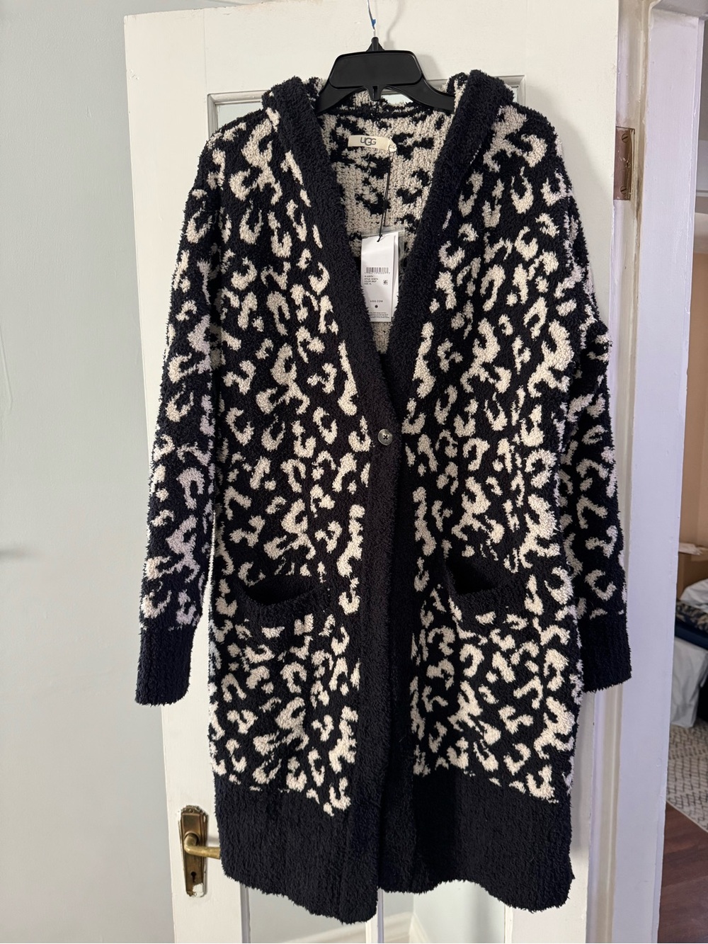 NWT! UGG Women's Black & Cream Leopard Hooded Cardigan Sweater